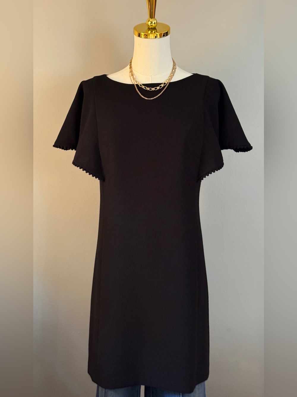 LOFT Black Midi Shift Dress with Scallop Trim Sleeves